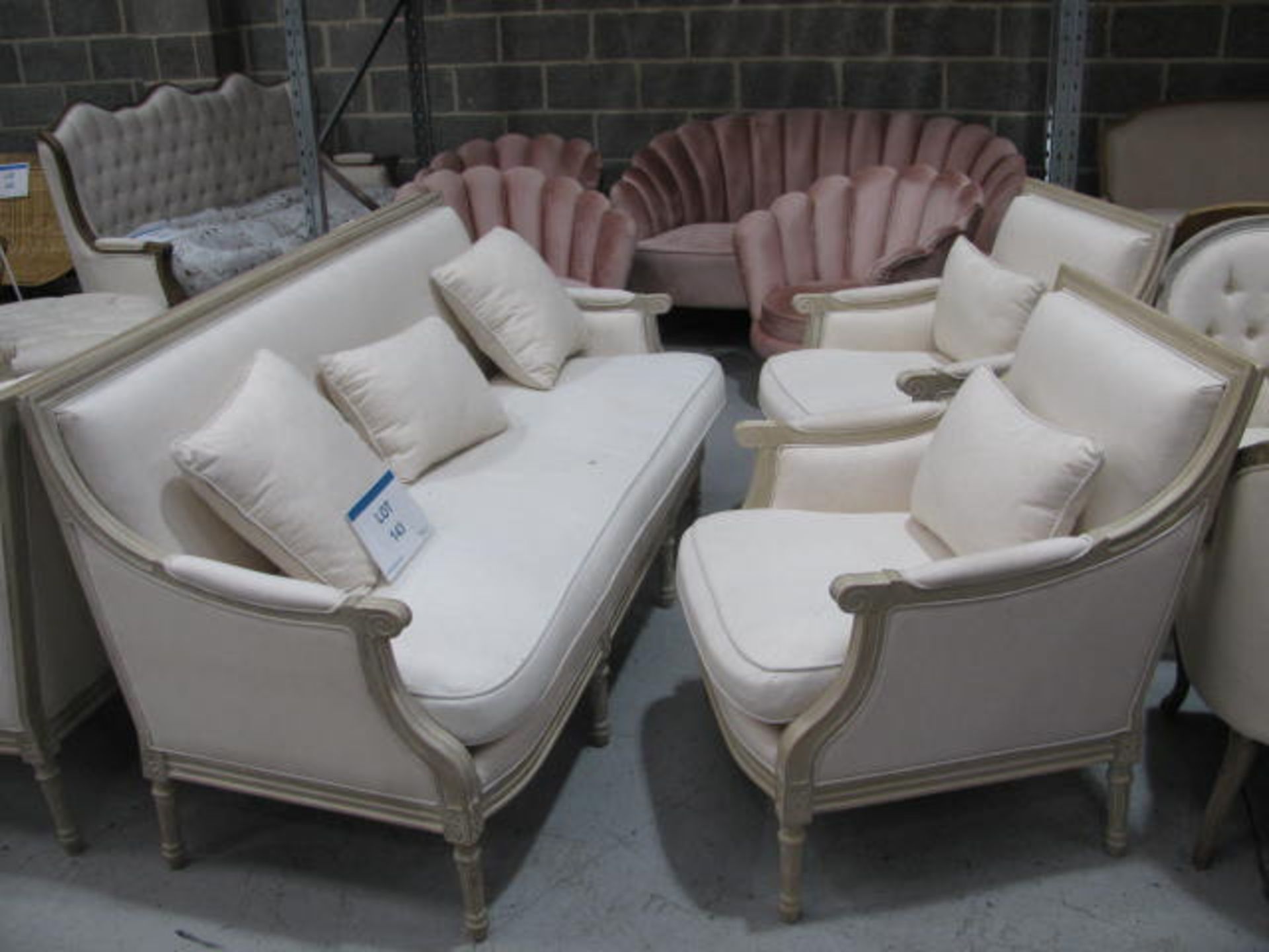 Wooden framed fabric upholstered sofa with (2) Contrasting arm chairs and scatter cushions - Image 3 of 3