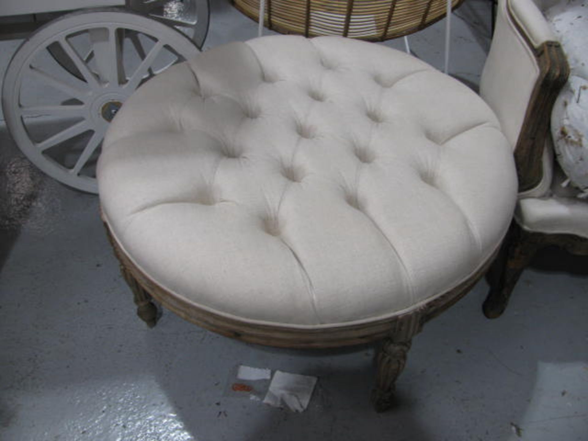 Wooden framed button back Regency style sofa with circular foot stool, please note missing seat cove - Image 2 of 3