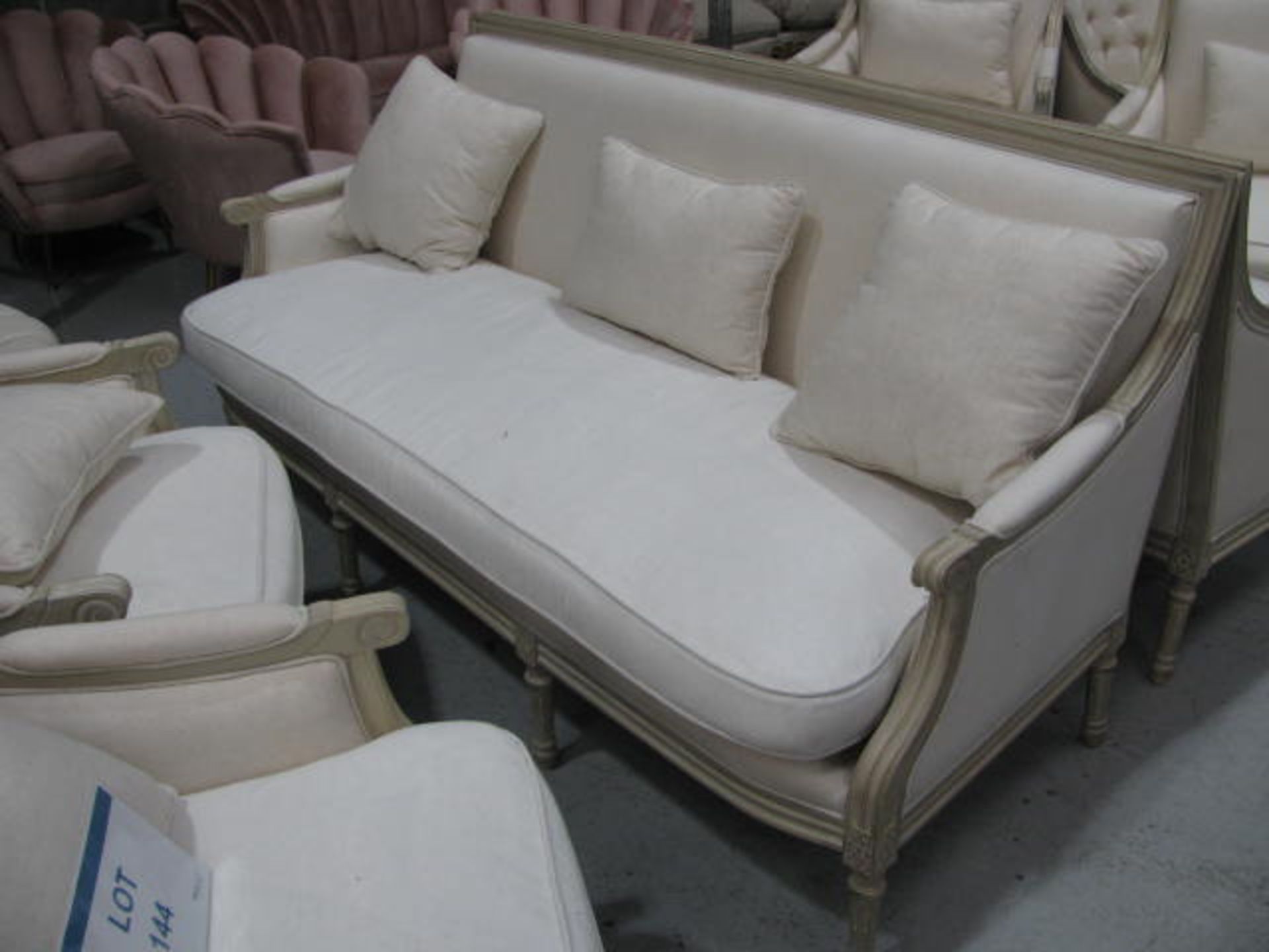 Wooden framed fabric upholstered sofa with (2) Contrasting arm chairs and scatter cushions - Image 2 of 3
