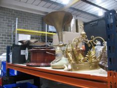 Contents of shelf to include: Vintage gramophone, telephone, scales and crown