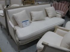 Wooden framed fabric upholstered sofa with (2) Contrasting arm chairs and scatter cushions