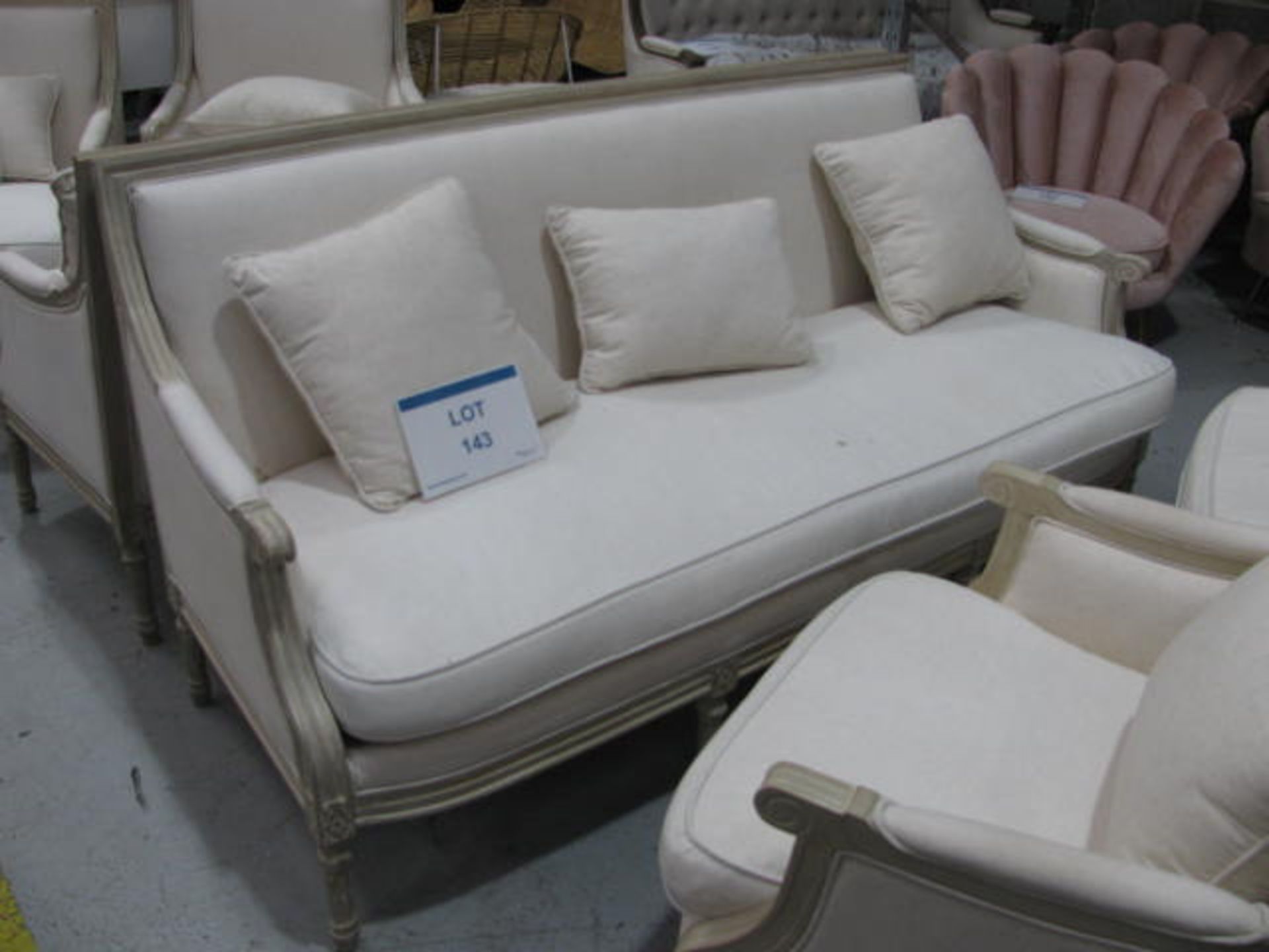 Wooden framed fabric upholstered sofa with (2) Contrasting arm chairs and scatter cushions