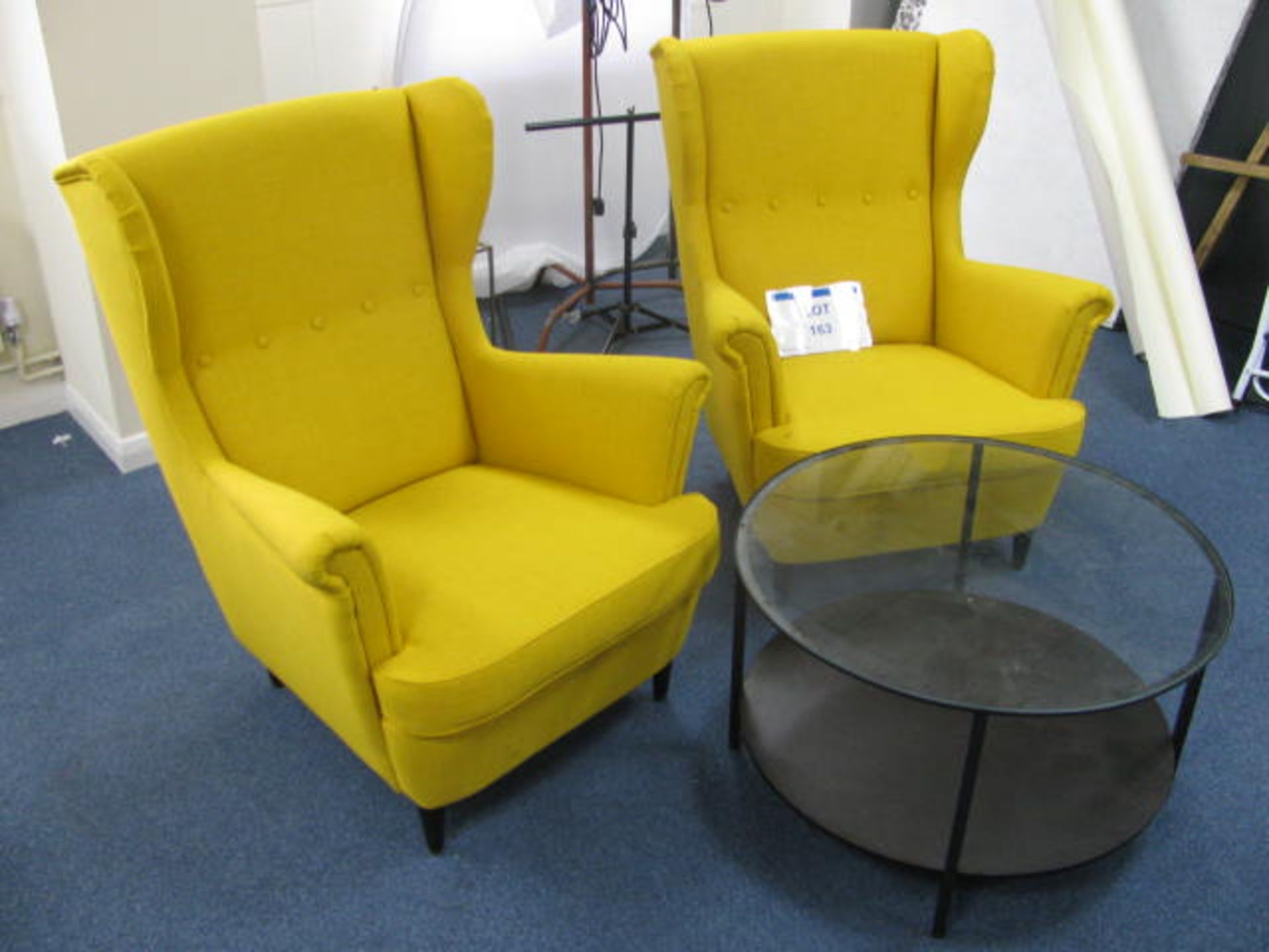 (2) Fabric upholstered arm chairs with round glass coffee table - Image 2 of 2