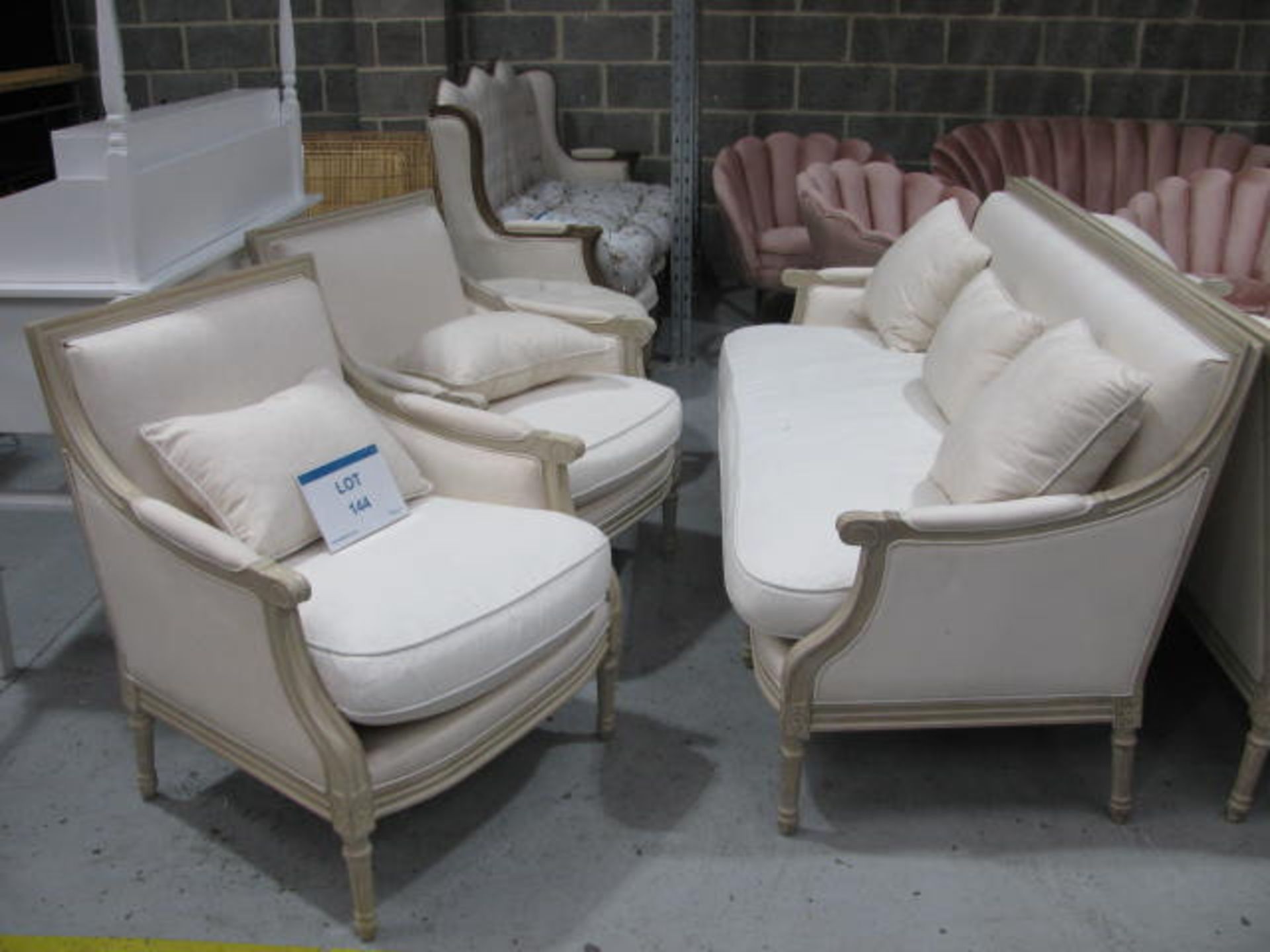 Wooden framed fabric upholstered sofa with (2) Contrasting arm chairs and scatter cushions - Image 3 of 3