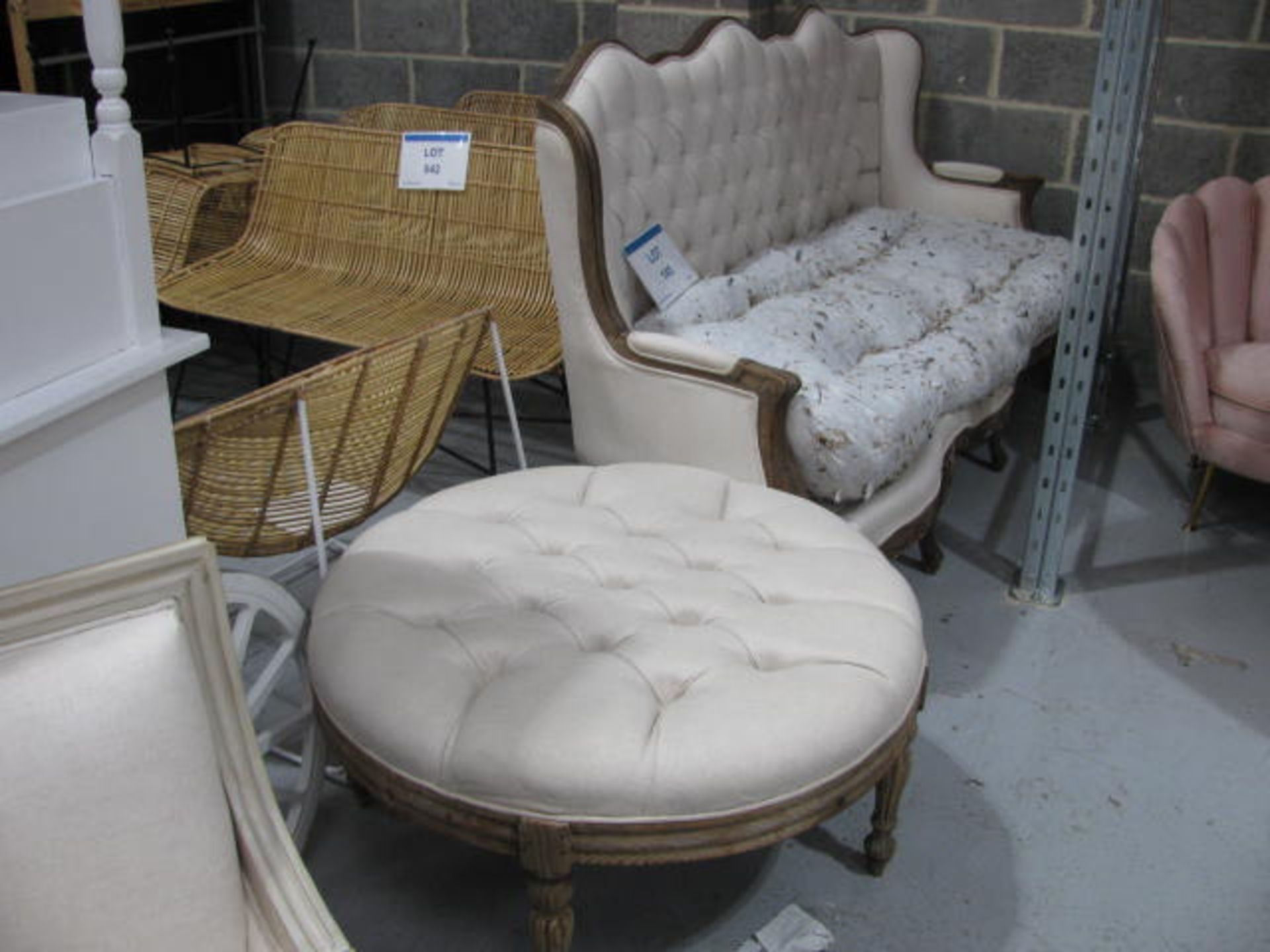 Wooden framed button back Regency style sofa with circular foot stool, please note missing seat cove - Image 3 of 3