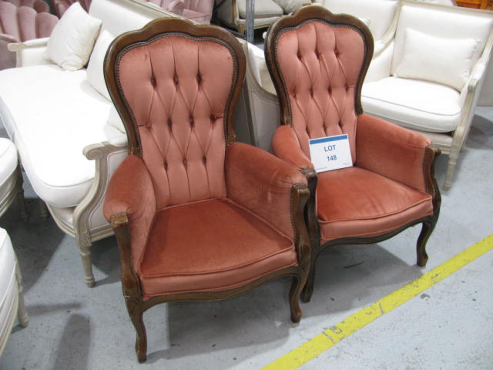 (2) Wooden framed button back fabric upholstered arm chairs - Image 2 of 2