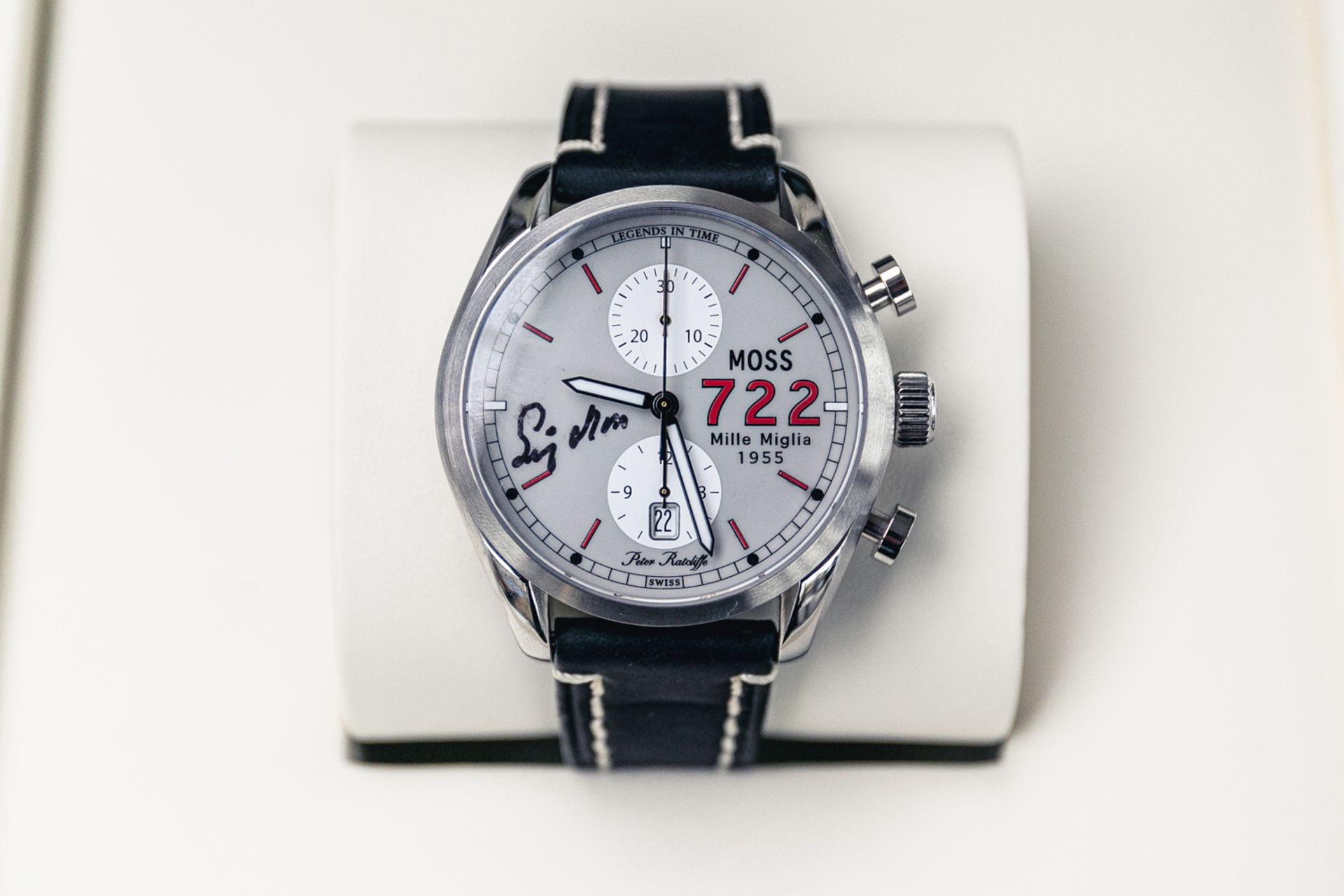 The Moss 722 chronograph celebrates the amazing Moss/Jenkinson Mille Miglia victory on May 1st 1955.