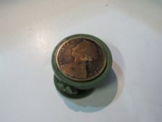 Trench Art pin cushion in the form of a Military cap with Victorian coin attached. Estimate £15-25