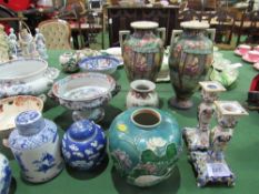 Pair of oriental-style vases; pair of faience candlesticks (a/f); 2 ginger jars; 3 bowls on stands &