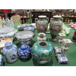 Pair of oriental-style vases; pair of faience candlesticks (a/f); 2 ginger jars; 3 bowls on stands &