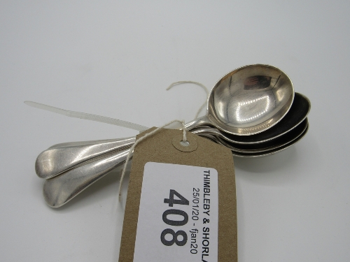 Set of 5 substantial sterling silver soup spoons. Total weight 270gms. Made by James Dixon & Sons.