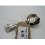 Set of 5 substantial sterling silver soup spoons. Total weight 270gms. Made by James Dixon & Sons.