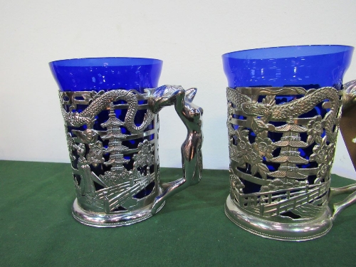 Pair of large Oriental cup holders with cobalt blue glass beakers inside. Estimate £15-25 - Image 3 of 3