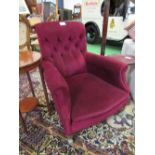 Red upholstered button-back armchair. Estimate £30-50