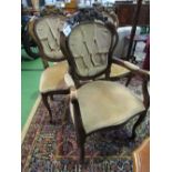 4 chairs & 2 carvers, oak framed with upholstered seats & backs. Estimate £20-30