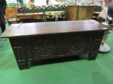 Large oak chest with carved panels, 183 x 61 x 76cms. Estimate £80-120