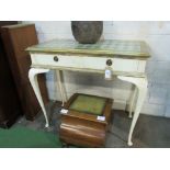 Creamed painted console table with diamond decoration to top, 2 frieze drawers on cabriole legs to