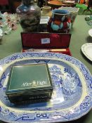 Boxed silver plate fish servers; blue & white meat platter; vase in the style of Poole Pottery;