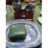 Boxed silver plate fish servers; blue & white meat platter; vase in the style of Poole Pottery;