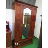 Edwardian inlaid mahogany wardrobe with mirror door & drawer to base, 104 x 48 x 204cms.