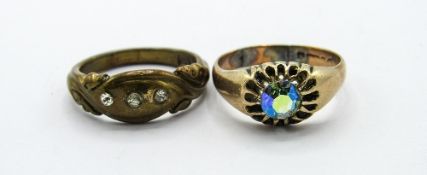 9ct gold ring with pearlescent glass stone, 4.1gms, size Q & a gilt 3 stone ring. Estimate £20-40