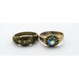 9ct gold ring with pearlescent glass stone, 4.1gms, size Q & a gilt 3 stone ring. Estimate £20-40