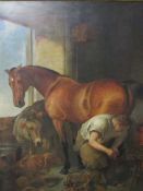 After Landseer 'Shoeing the Bay Mare', oil on canvas, label on reverse. Estimate £2,500-3,000