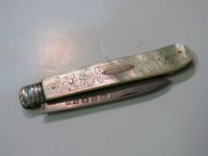 Sterling silver & mother of pearl handled fruit knife, hallmarked Birmingham 1859. Estimate £20-30