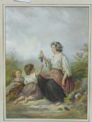 Framed & glazed watercolour of a lady with 2 children signed FWT, 1870 & a framed & glazed