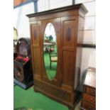 Edwardian mahogany wardrobe with oval door mirror & drawer to base, 116 x 45 x 204cms. Estimate £