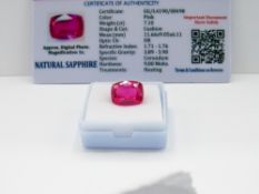 Cushion cut loose pink sapphire, weight 7.10ct, with certificate. Estimate £40-50