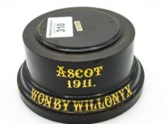 Large black wooden plinth by Garrard & Co Ltd, London, being the base of The Ascot Gold Cup of 1911