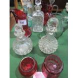 6 decanters; 2 ruby glass jugs & another; 2 ruby glass jars. Estimate £15-25