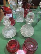 6 decanters; 2 ruby glass jugs & another; 2 ruby glass jars. Estimate £15-25