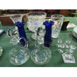 Cut glass centre piece; 2 Victorian blue glass vases; 2 decanters; 2 crystal vases; miniature