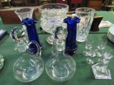 Cut glass centre piece; 2 Victorian blue glass vases; 2 decanters; 2 crystal vases; miniature