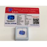 Cushion cut loose blue sapphire, weight 7.85ct, with certificate. Estimate £40-50