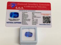 Cushion cut loose blue sapphire, weight 7.85ct, with certificate. Estimate £40-50