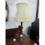 Mahogany twisted stem table lamp & shade, height 47cms. Estimate £10-20