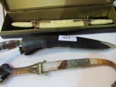 Kukri knife in sheath with 2 small Kukris; decorative Turkish-style dagger in sheath; ornamental