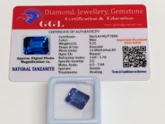 Emerald cut loose blue tanzanite, weight 9.15ct, with certificate. Estimate £40-50