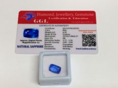 Cushion cut loose blue sapphire, weight 6.20ct, with certificate. Estimate £40-50