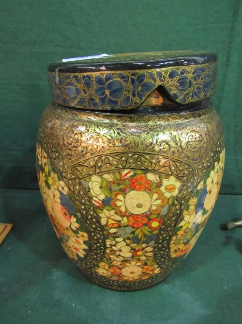 Metal lined decorative wooden lidded jar, height 22cms. Estimate £40-60 - Image 2 of 3