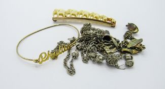 Carved bone yellow mounted elephant brooch (a/f); silver metal necklace; silver metal charm bracelet