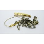 Carved bone yellow mounted elephant brooch (a/f); silver metal necklace; silver metal charm bracelet