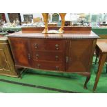 Mahogany curved front sideboard with 3 centre drawers, flanked by cupboards, 135 x 52 x 92cms
