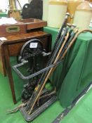 Cast iron stick stand together with collection of walking sticks & canes. Estimate £20-30