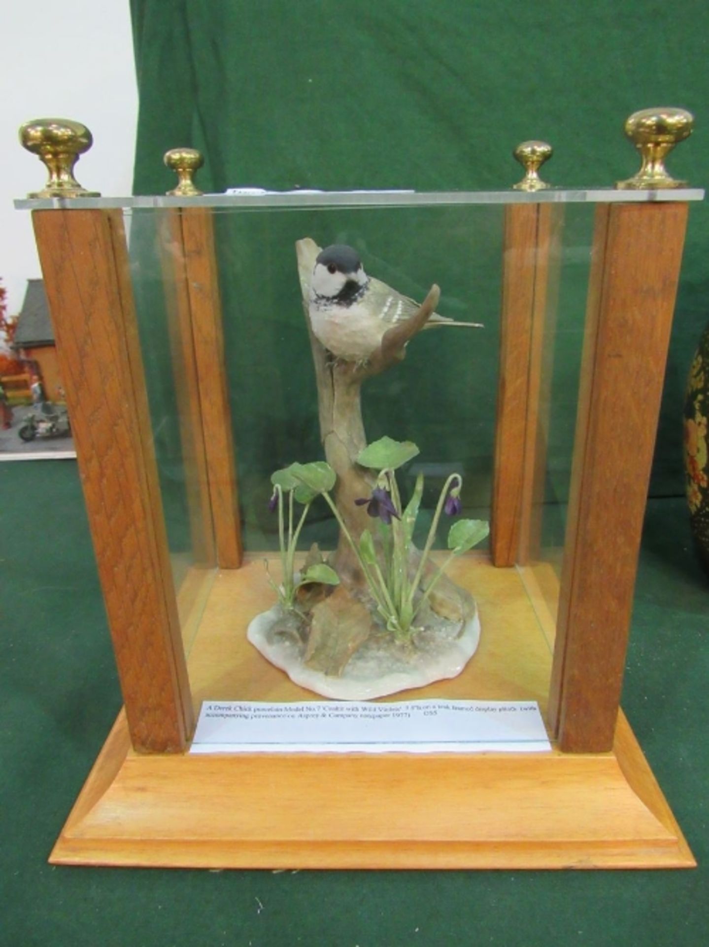 Derek Chick porcelain ‘model 7’ Coaltit with wild violets in display case with certificate,