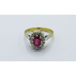 18ct gold ruby & diamond cluster ring, weight 4.3gms, size O 1/2. Estimate £400-450