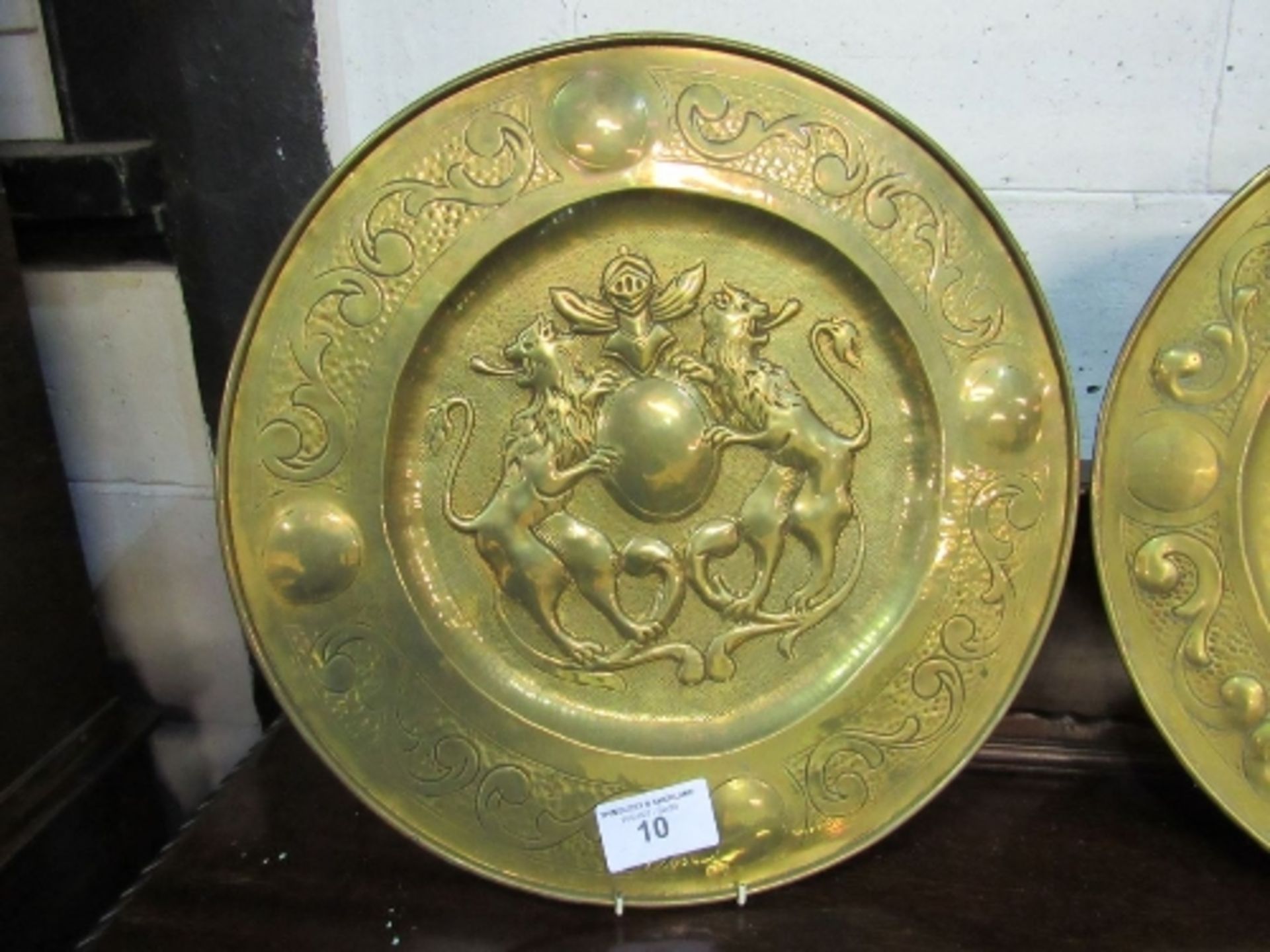 2 brass repousse decorated large plates, diameter 48 inches. Estimate £20-40 - Image 2 of 3